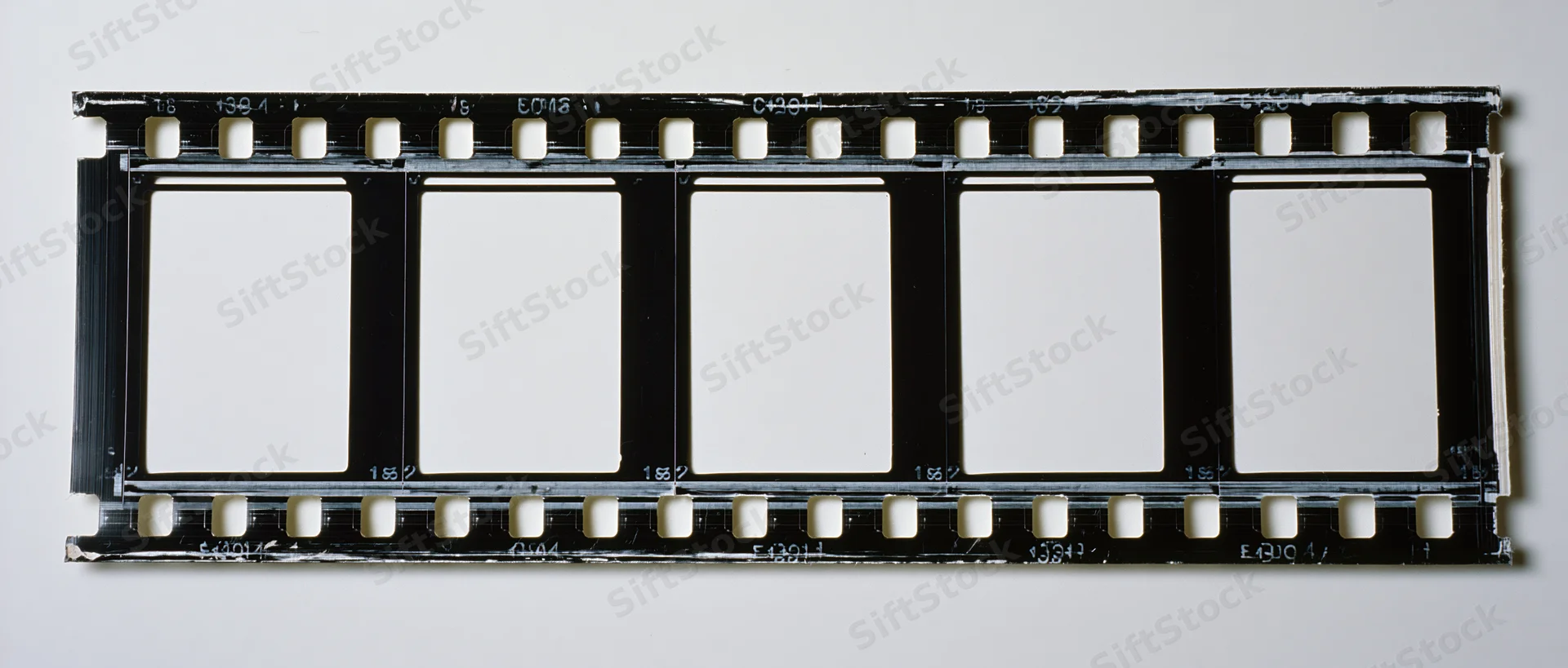 Horizontal strip of 35mm film negative with five empty frames on white background