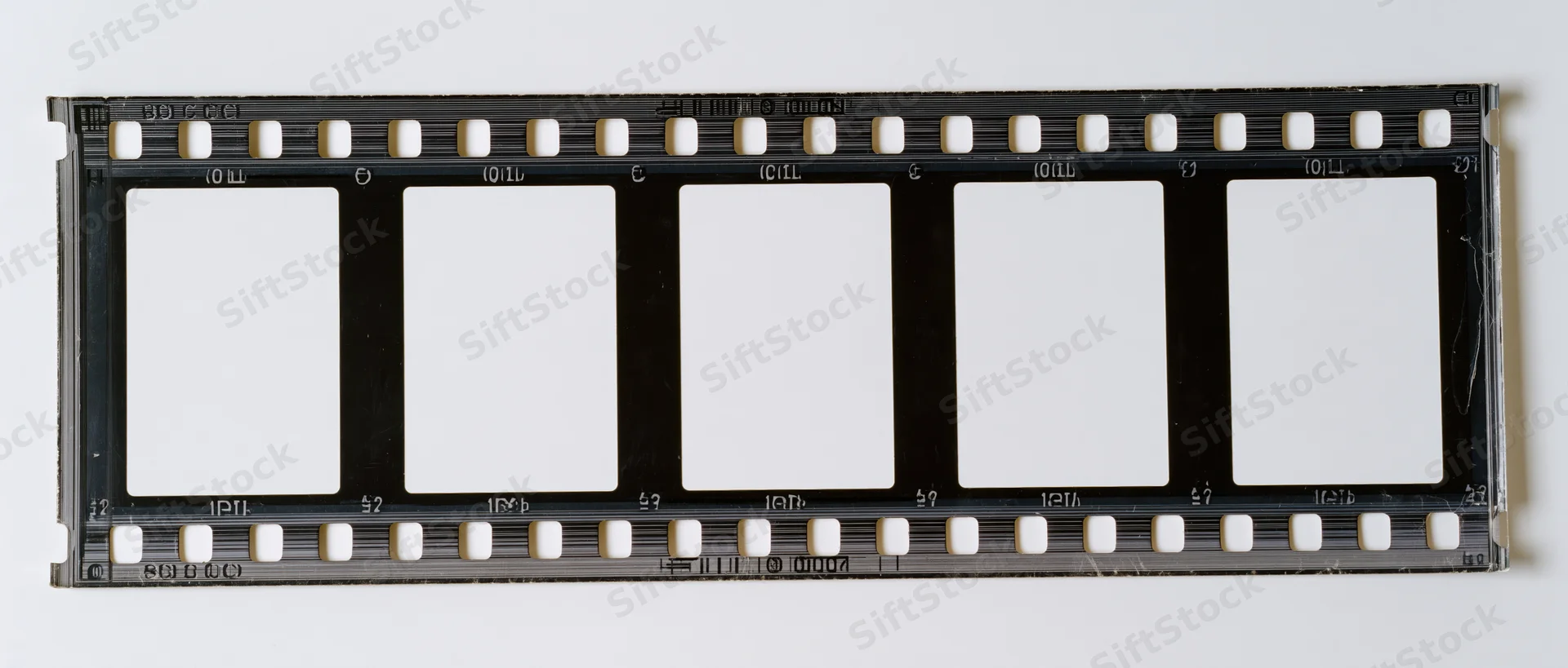 Horizontal strip of 35mm film negative with five blank frames on white background