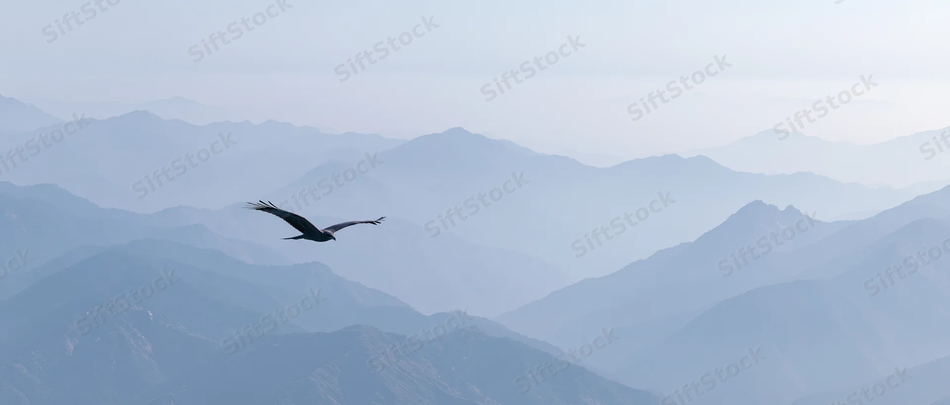 Eagle soaring with wings spread over layered mountain range