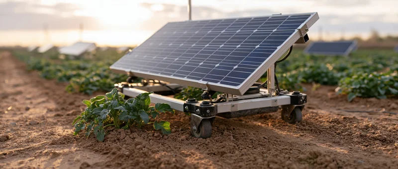 Solar-powered robot moving through a crop field on a farm