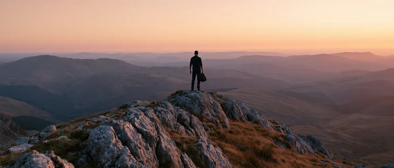 Hiker standing on rocky summit overlooking mountain valley at sunset