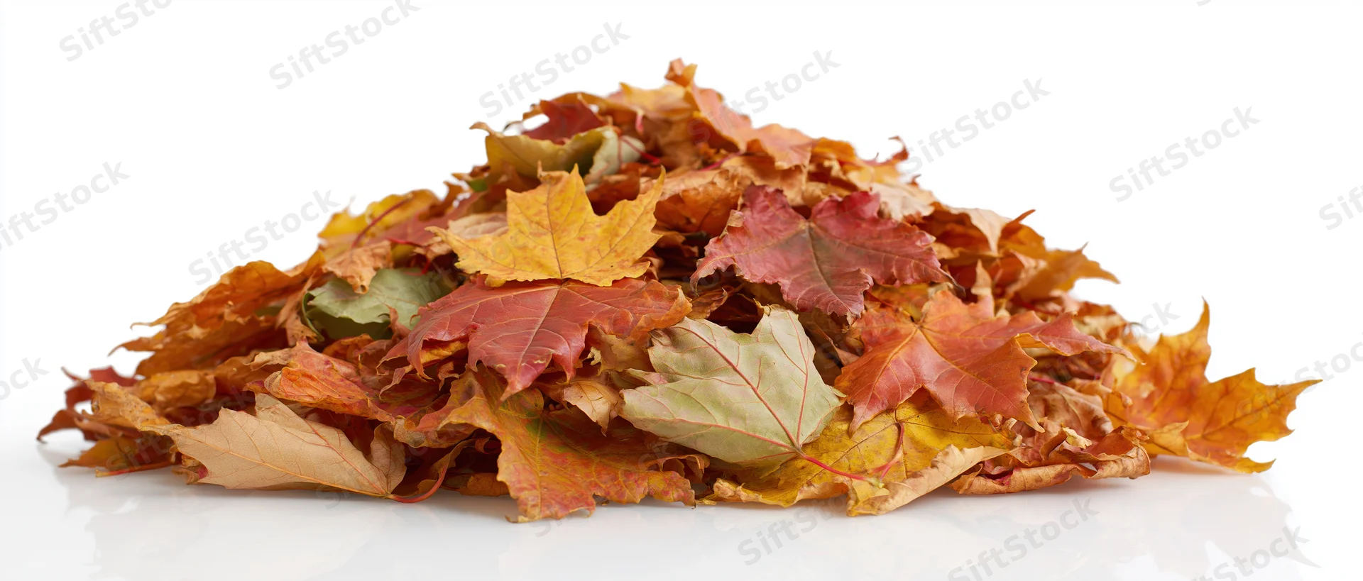 A pile of fallen autumn maple leaves heaped on a white surface