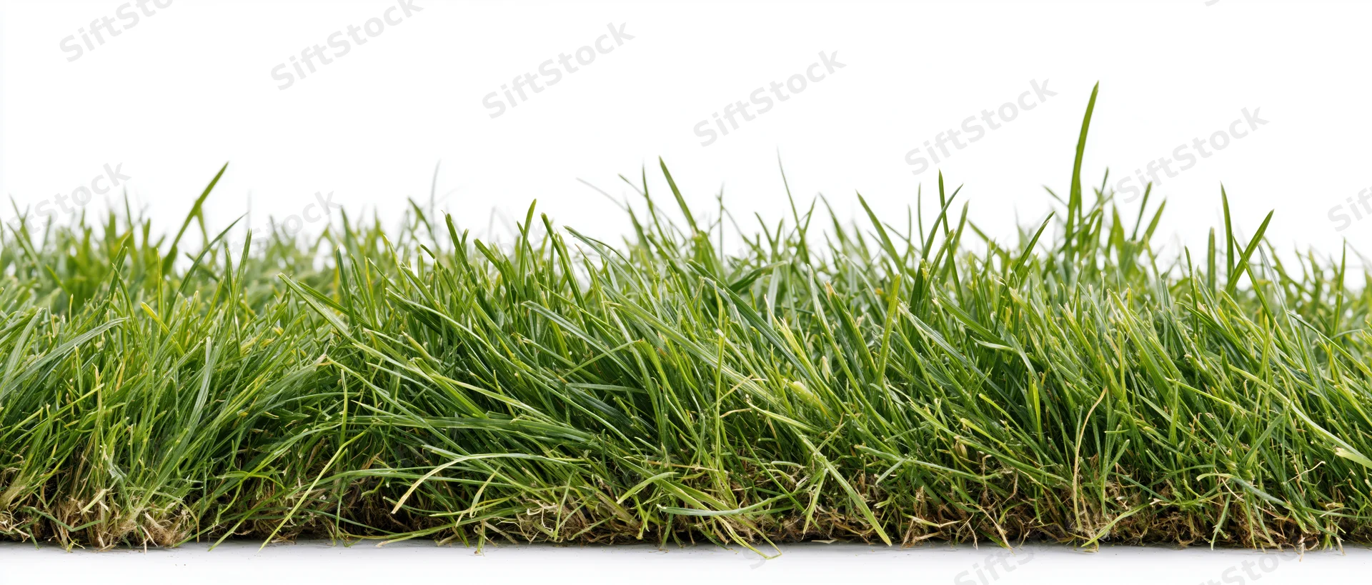 Strip of fresh green grass blades at ground level on white background