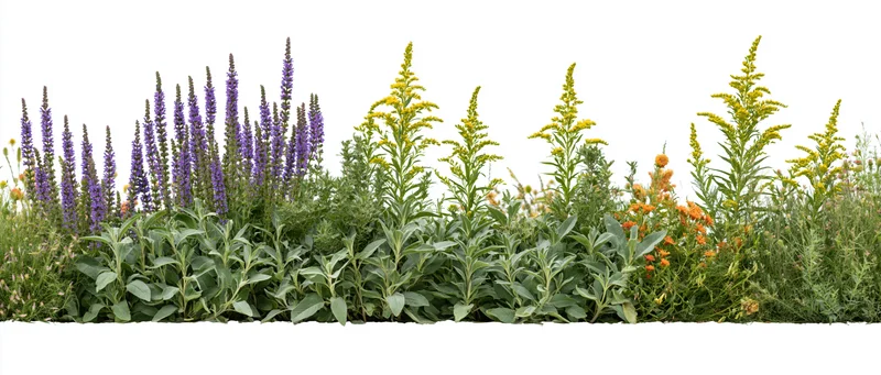 Low horizontal border of mixed wildflowers and garden shrubs on white background