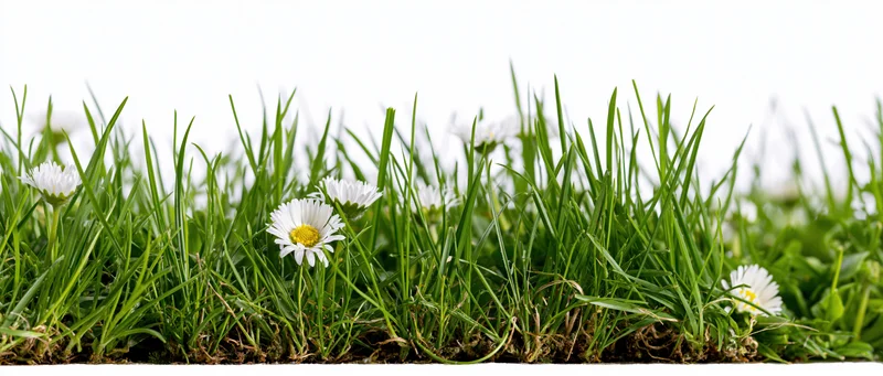 Strip of green grass with white daisies growing along the ground edge