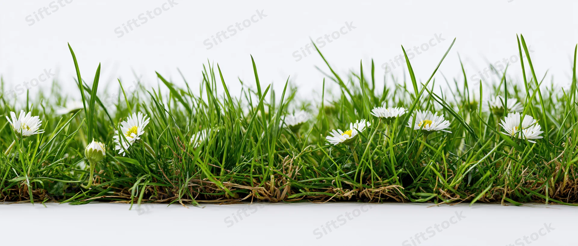 A strip of green grass with white daisies growing along the edge on a white background