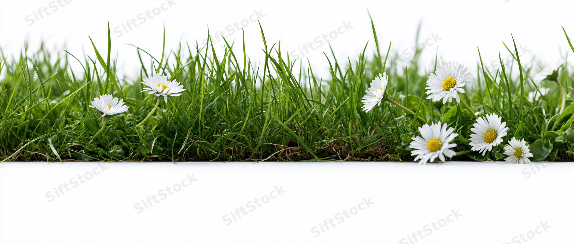 Strip of green grass with white daisies along the bottom edge against white background