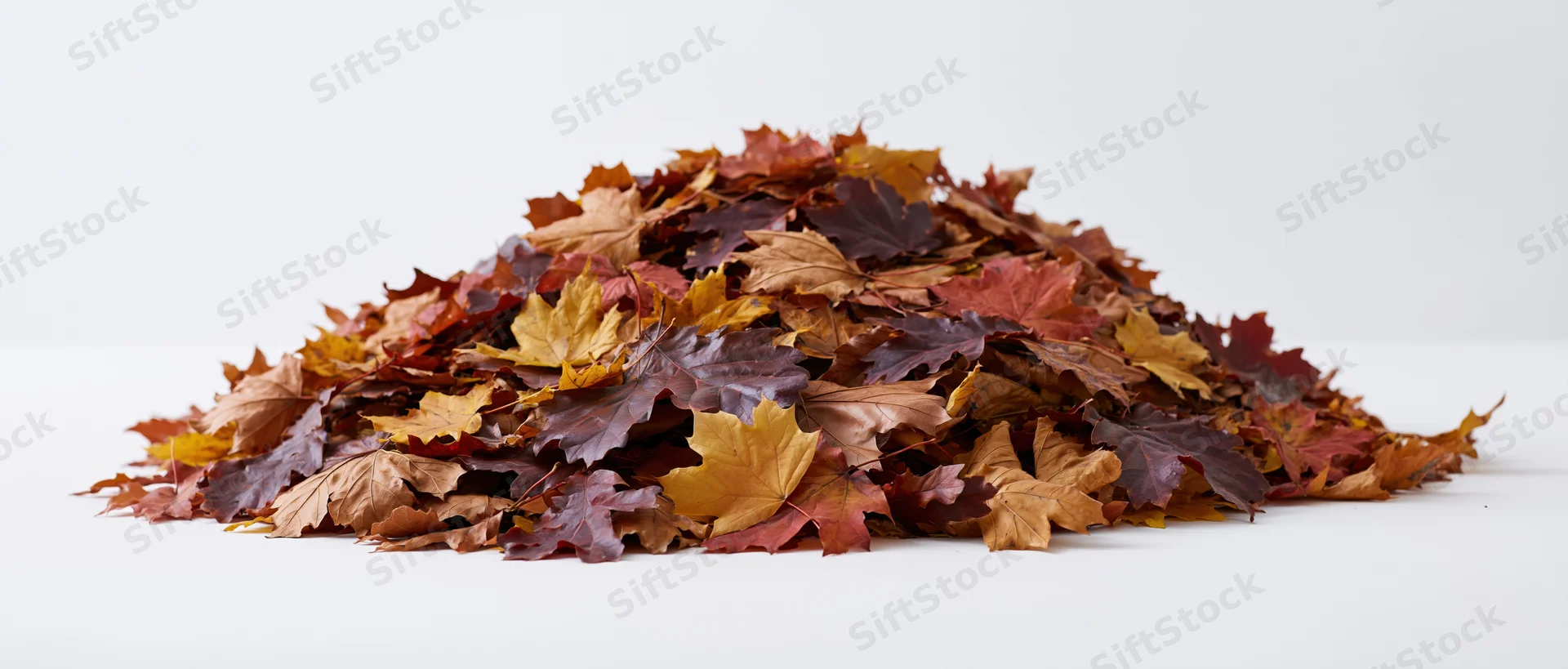 Pile of raked autumn maple leaves on white surface