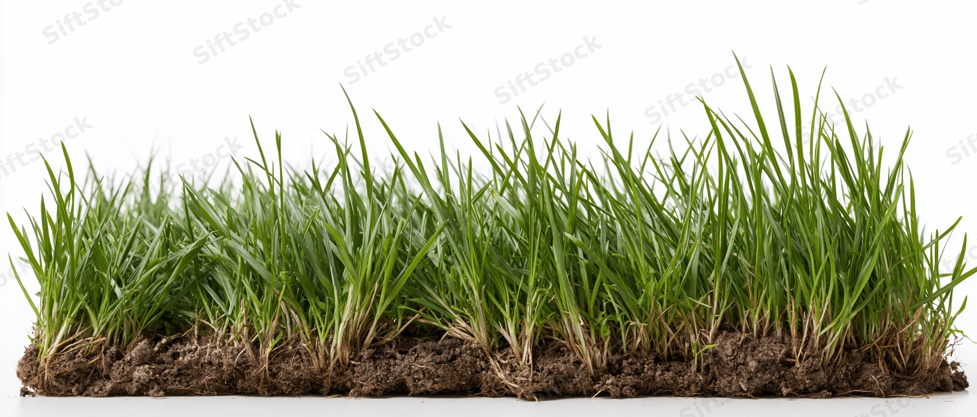 Strip of fresh green grass with exposed soil on white background