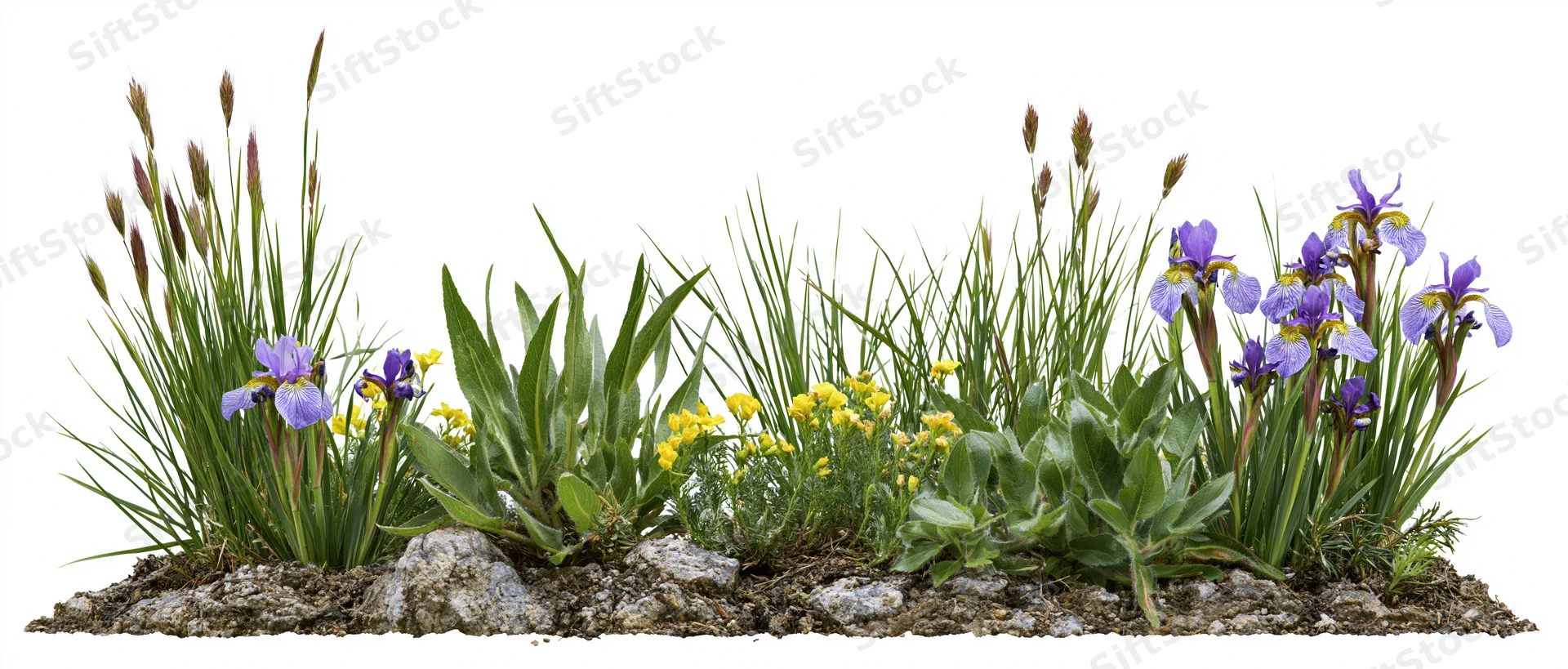 Low strip of wild meadow plants with purple irises and yellow flowers growing from rocky soil on white background