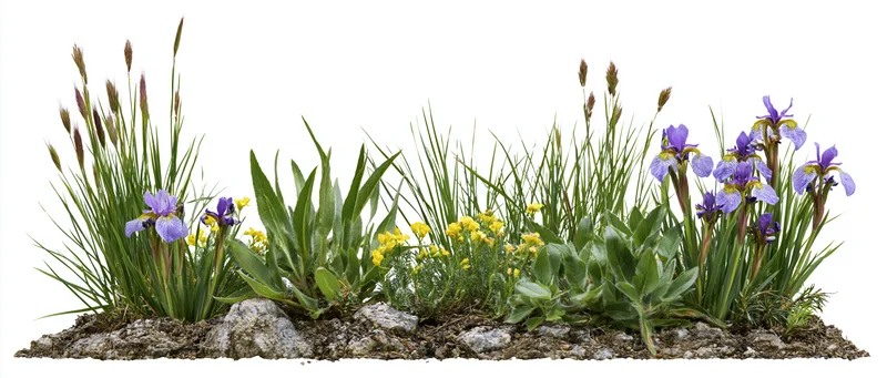 Low strip of wild meadow plants with purple irises and yellow flowers growing from rocky soil on white background