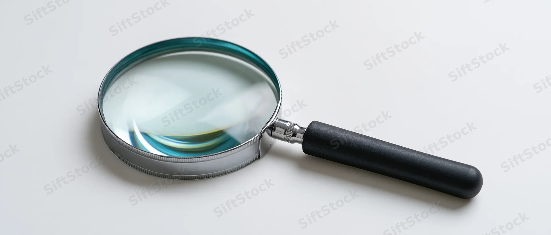 Magnifying glass with black handle and silver frame resting on white surface