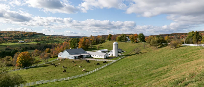 Dairy farm on rolling green hills with cows grazing in fenced pasture under autumn trees