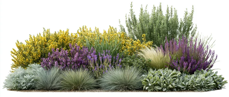 Drought-tolerant garden border with yellow and purple flowering plants and succulents