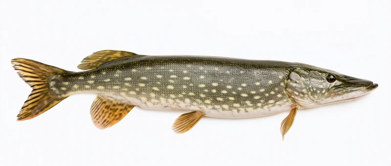 Northern pike fish in full lateral profile against white background