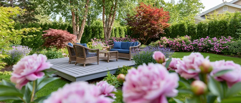 Pink peonies in foreground with wicker furniture on wooden deck surrounded by blooming garden and green hedge