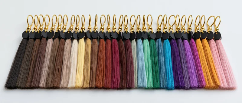 Hair extension color swatches arranged in a row on a white background