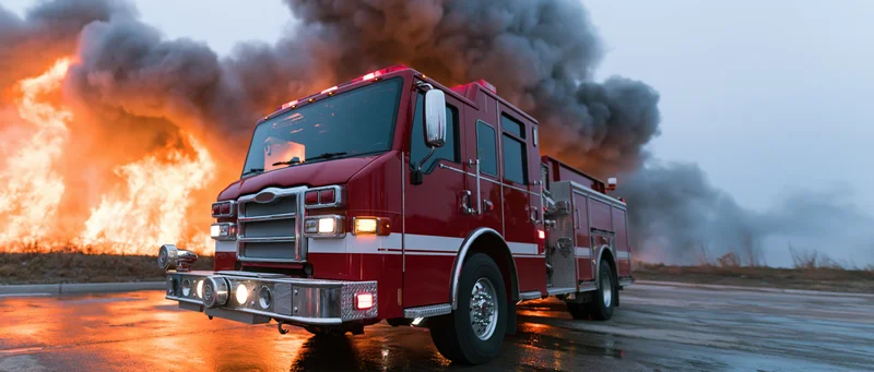 Red fire engine pumper truck parked at active fire scene with flames and smoke in background