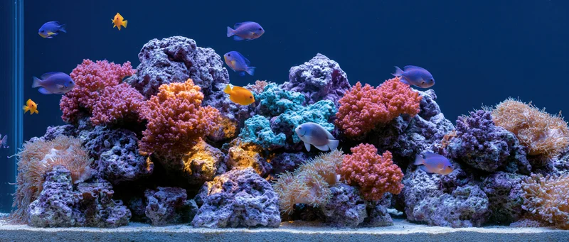 Tropical fish swimming among colorful coral and rocks in a reef aquarium tank