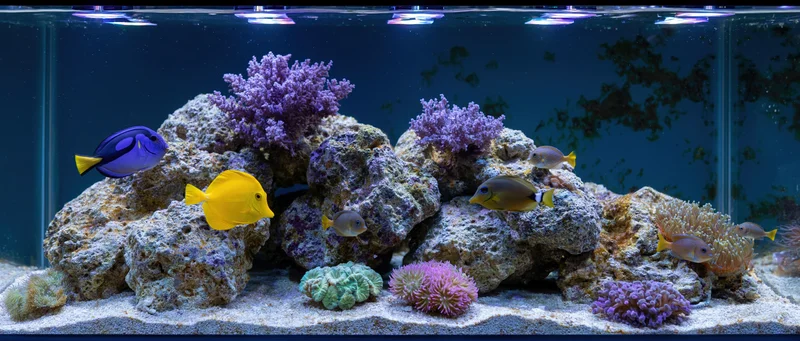 Reef aquarium tank interior with yellow tang and blue tang swimming among coral and rocks on sandy bottom under aquarium lighting