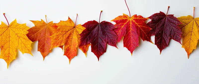 Row of colorful autumn maple leaves arranged horizontally along the top edge of a white surface