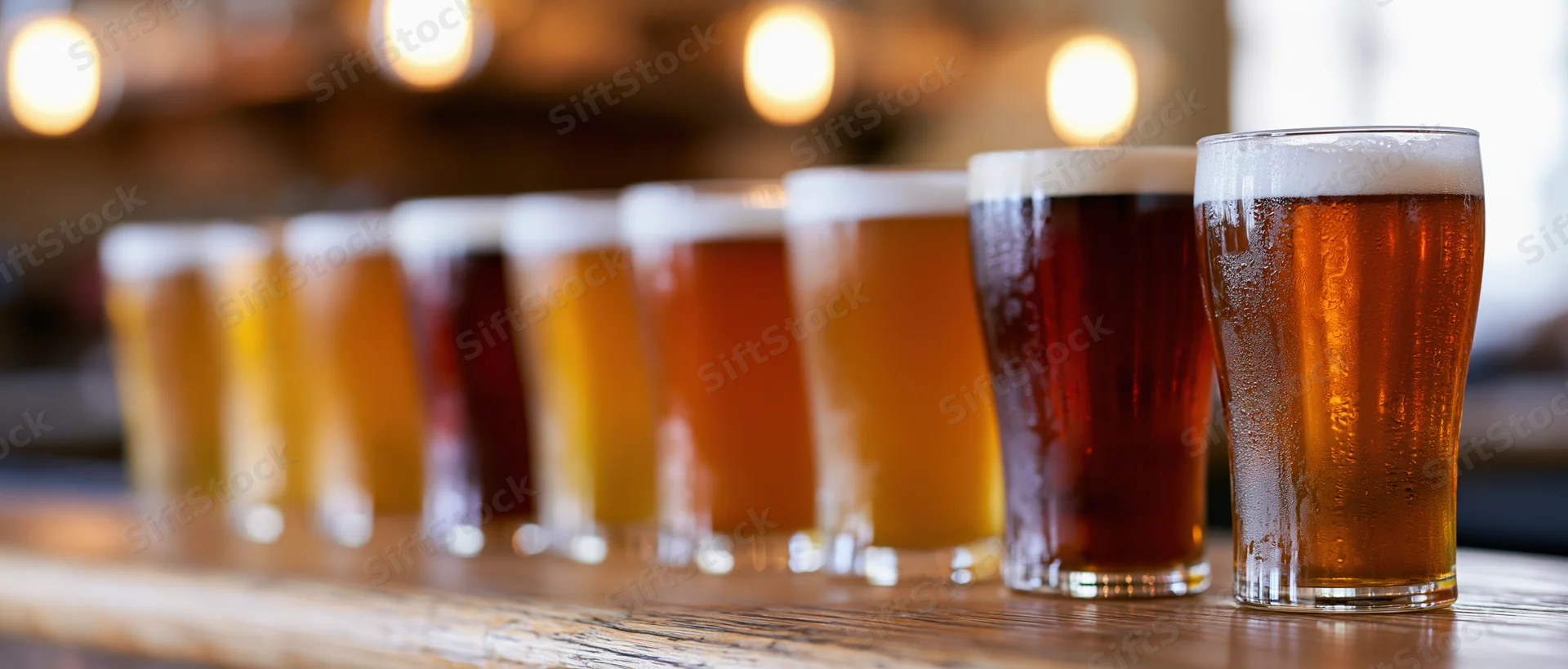 Row of craft beer glasses lined up on a wooden bar counter