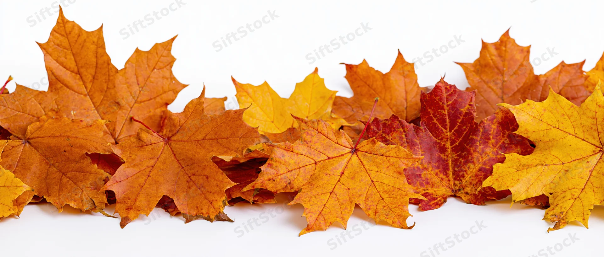 Row of fallen autumn maple leaves arranged along the bottom on white background