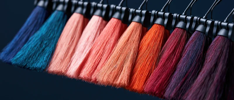 Row of hair color swatches clipped on a black rack against a dark background