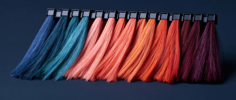 Row of hair color swatches arranged in gradient from blue to purple on dark surface
