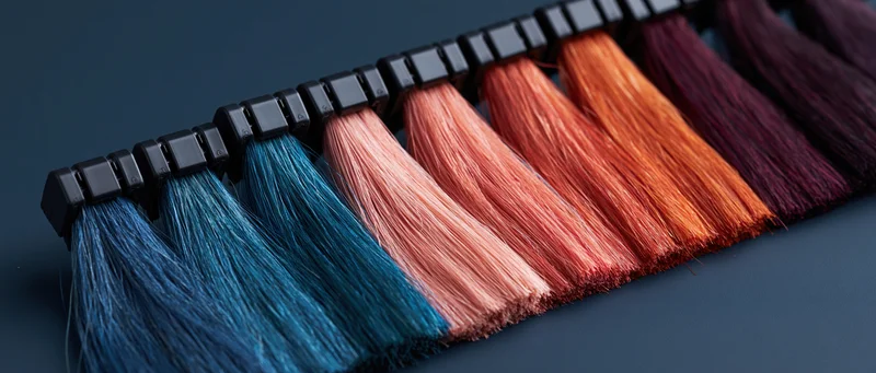 Row of hair color swatches arranged in gradient from blue to purple on dark surface