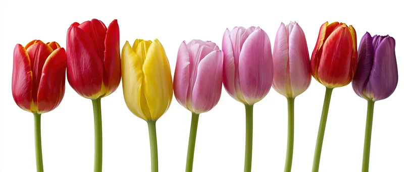 Row of colorful tulips in red yellow pink and purple arranged in a line against white background