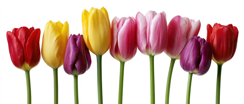 Row of mixed tulips in red yellow pink and purple arranged against white background