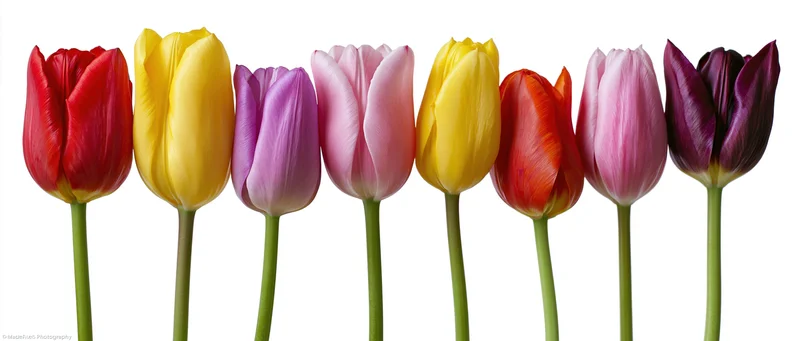 Row of colorful tulips in red yellow pink and purple arranged in a line against white background