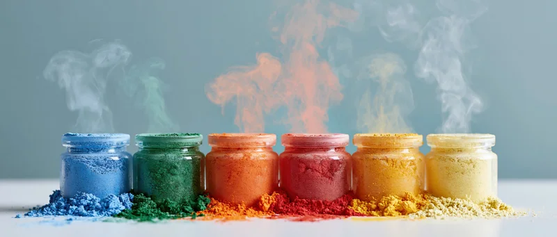 Row of glass jars filled with colorful powders emitting smoke on white surface
