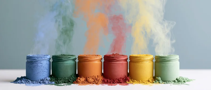 Row of colorful pigment jars releasing smoke on white surface
