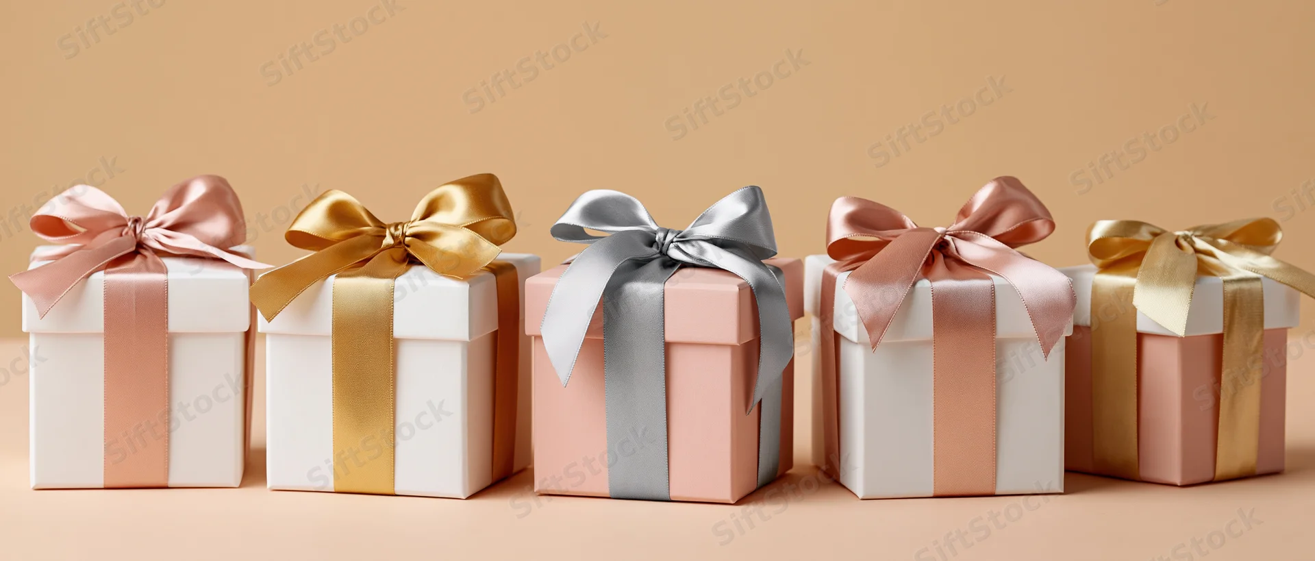 Row of wrapped gift boxes with satin ribbon bows arranged on a beige surface