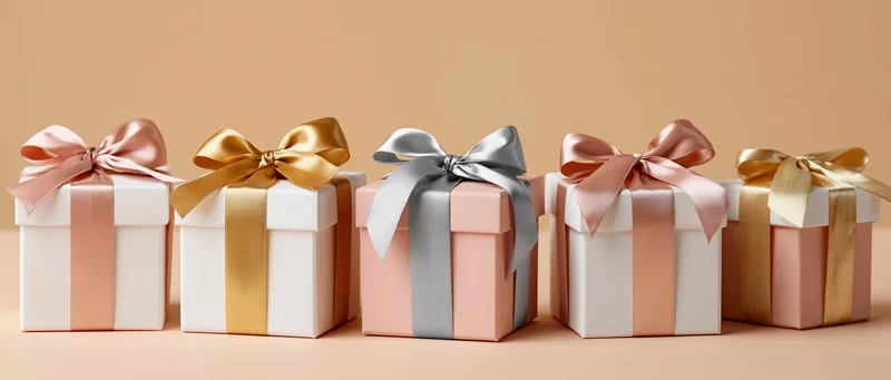Row of wrapped gift boxes with satin ribbon bows arranged on a beige surface