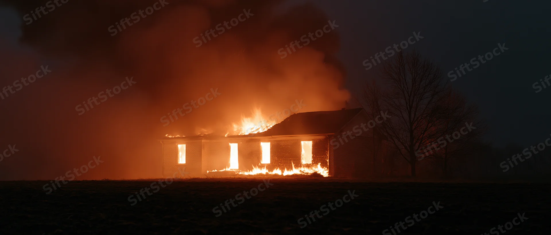 Single-story rural house engulfed in flames at night with smoke rising and windows glowing orange