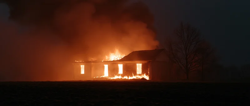 Single-story rural house engulfed in flames at night with smoke rising and windows glowing orange