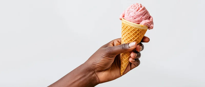 Dark-skinned hand holding a pink strawberry ice cream in a waffle cone against white background