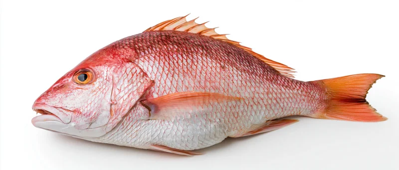 Whole fresh red snapper fish lying on white surface