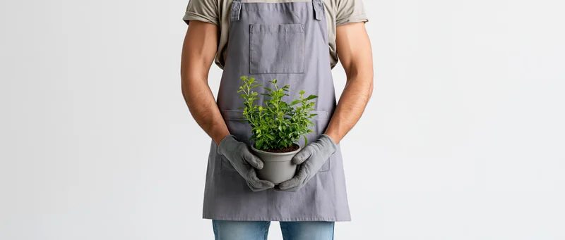 Gardener holding potted green plant in apron and gloves against white background