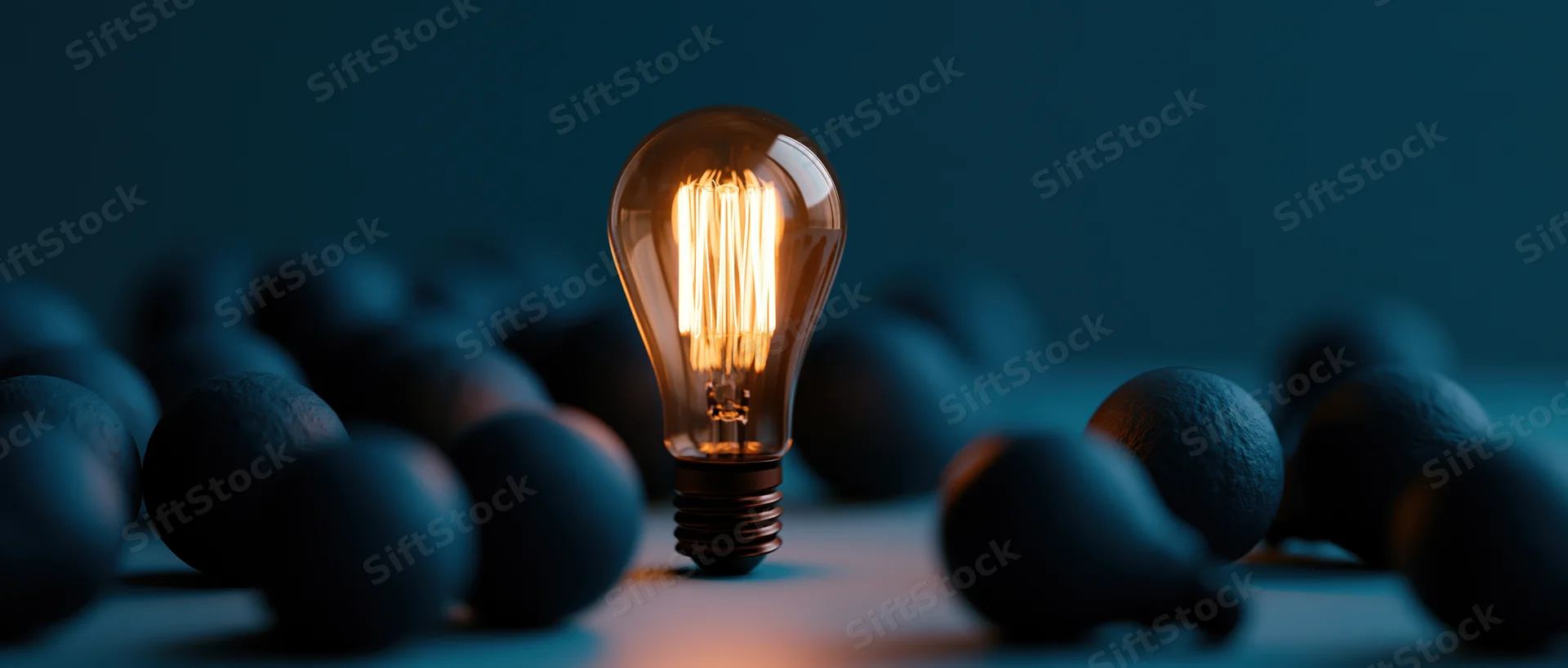 Glowing edison filament lightbulb standing upright on dark surface surrounded by unlit bulbs