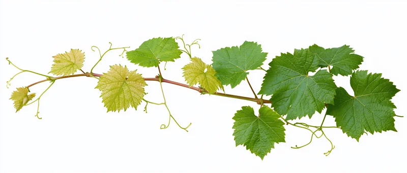 Grapevine branch with green lobed leaves and tendrils on white background