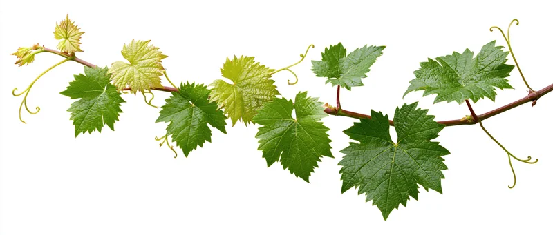 Grapevine branch with green leaves and tendrils isolated on white background