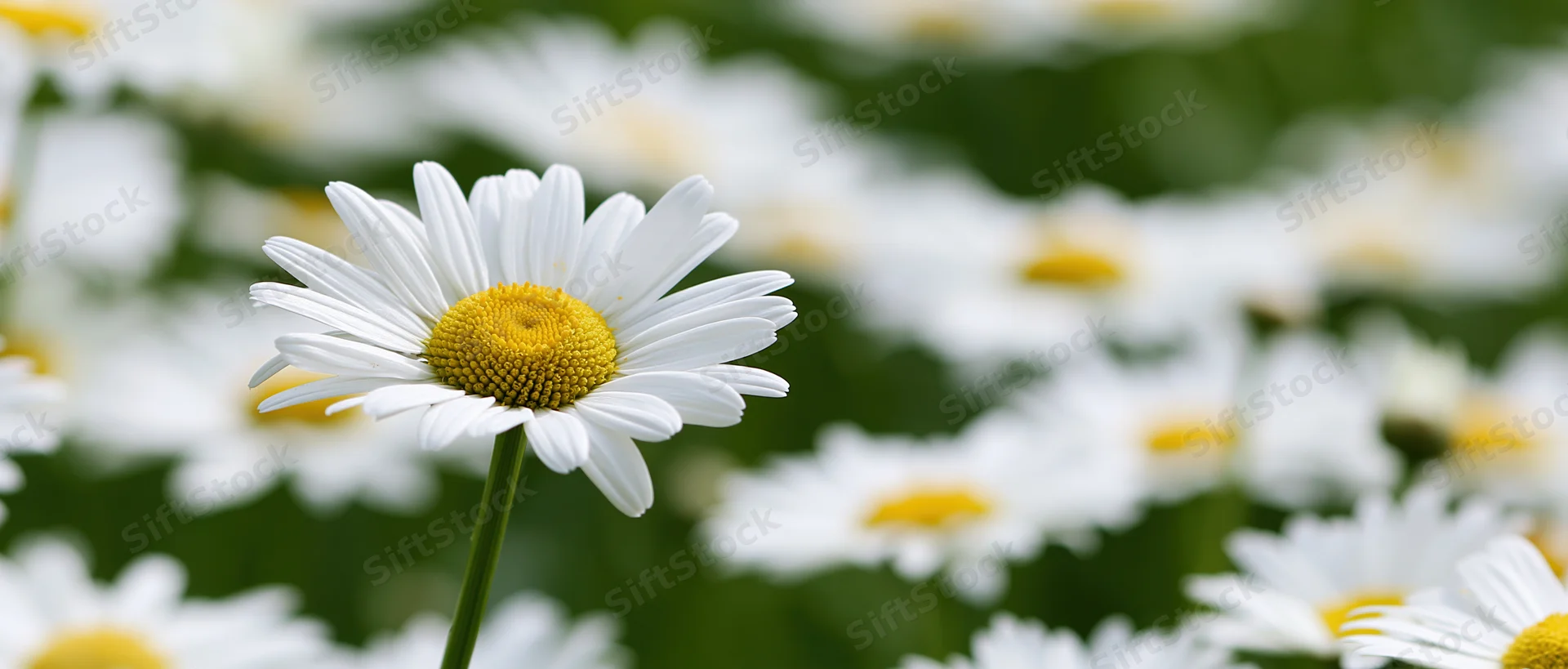 Single oxeye daisy in sharp focus with blurred field of daisies behind