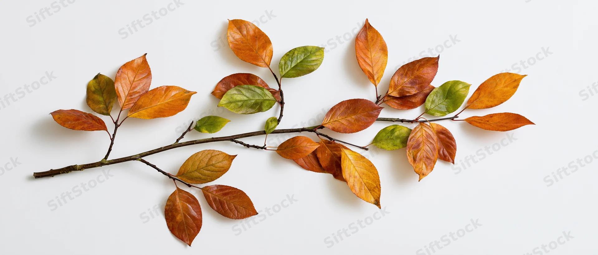 A slender tree branch with autumn leaves arranged horizontally on a white surface
