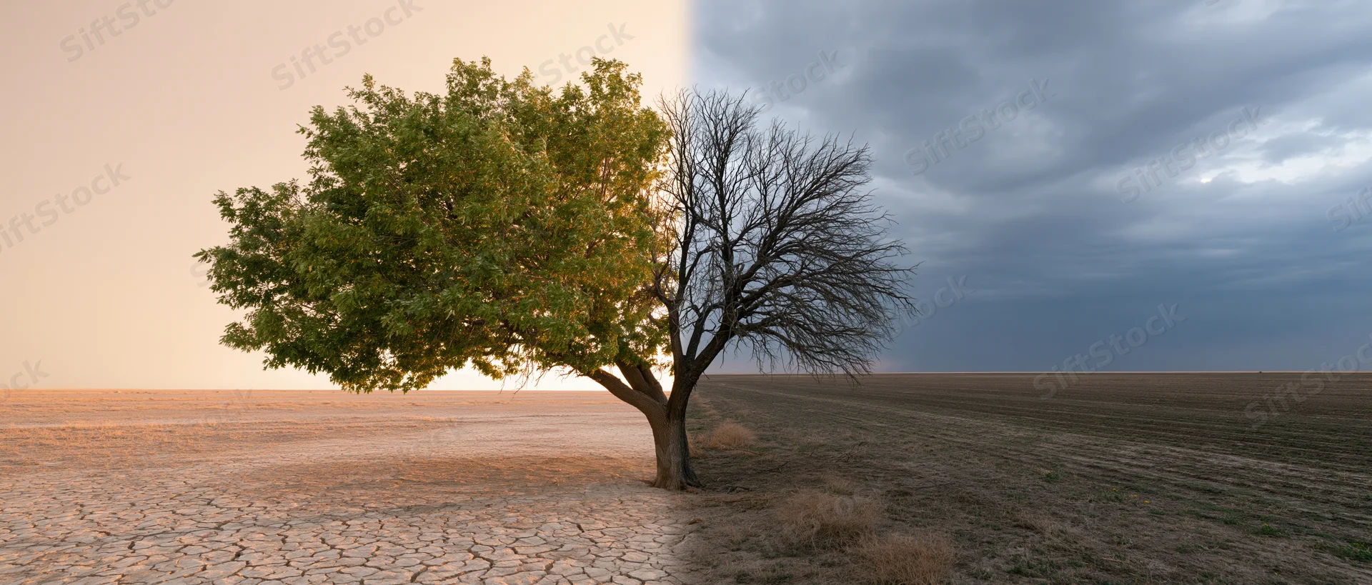 Single tree split down the middle with one half green and leafy and the other half bare and branchy in a dry cracked field under contrasting sky