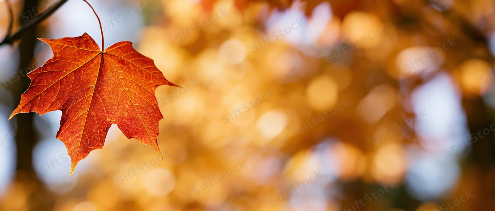 Single orange-red maple leaf with visible veins hanging from a branch against a blurred golden autumn background