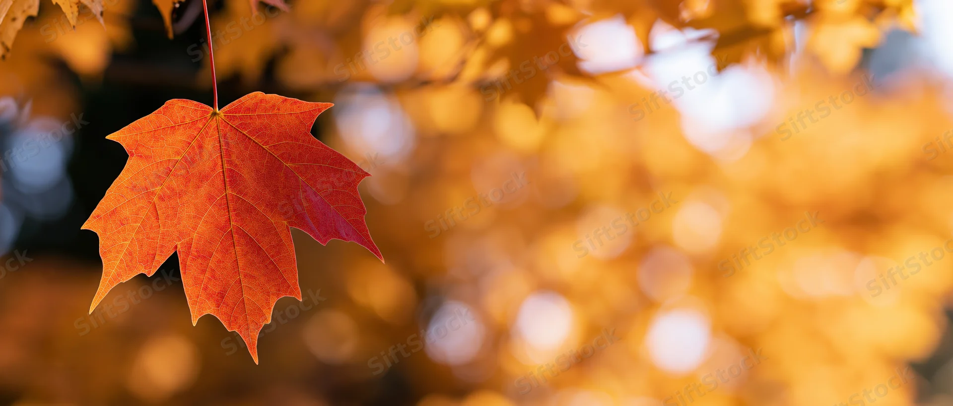 Single orange-red maple leaf with visible veins hanging against a blurred golden autumn background